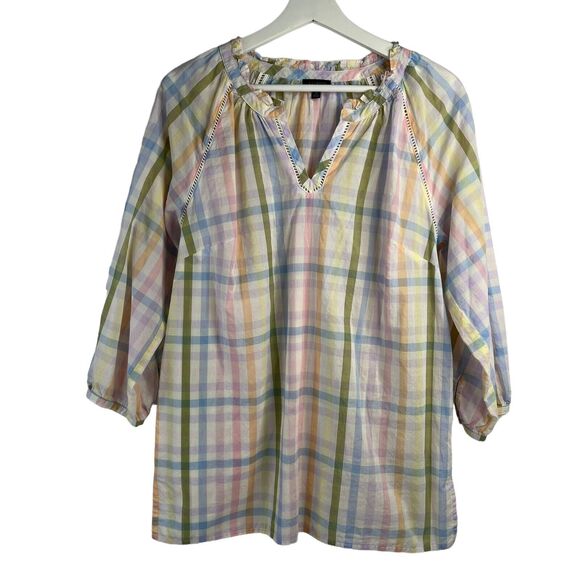 Talbots Size M Ruffle Tunic Top Rainbow Plaid Lightweight Ladder Trim Split Neck - Picture 2 of 13